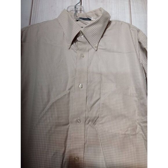 Land's End Shirt Men's Medium Tan White Button Front Long Sleeve Easy Care - Picture 3 of 8